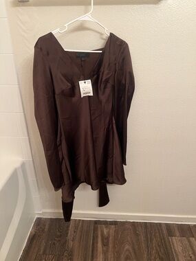 Zara Chocolate Brown Satin V-Neck Blouse